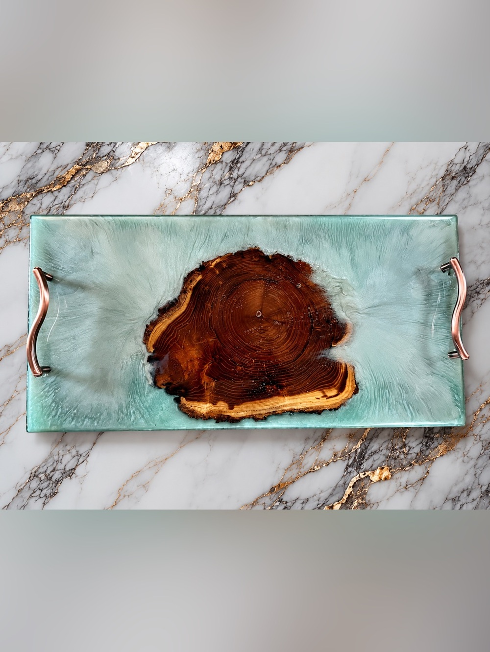 Unique Handcrafted Teal-Aqua Epoxy & Mulberry Wood Serving Tray w/brass handles
